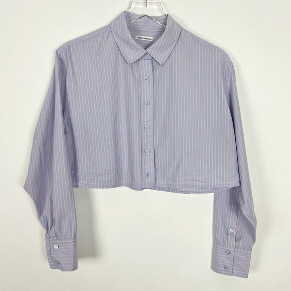 Reformation Willow Pajama Set Cropped Top Boxer Shorts Striped Blue Peach Size L - Picture 2 of 16